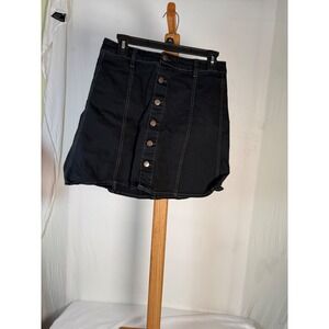 Falls Creek Womens Black Button Front Denim Mini Skirt A-Line Contrast Stitch